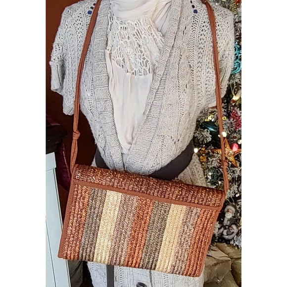 Objectives Brown Stripe Wicker Shoulder Bag - Picture 2 of 8